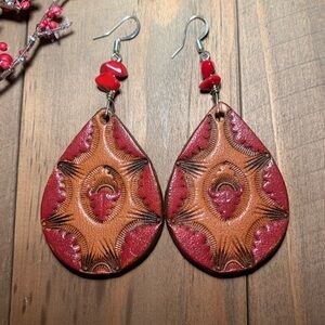 Red corral Hermann oak leather earrings